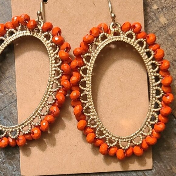 Golden Orange Beaded 2" Dangle Earrings On Shepherd Hooks So Boho So Coquette - Picture 5 of 5
